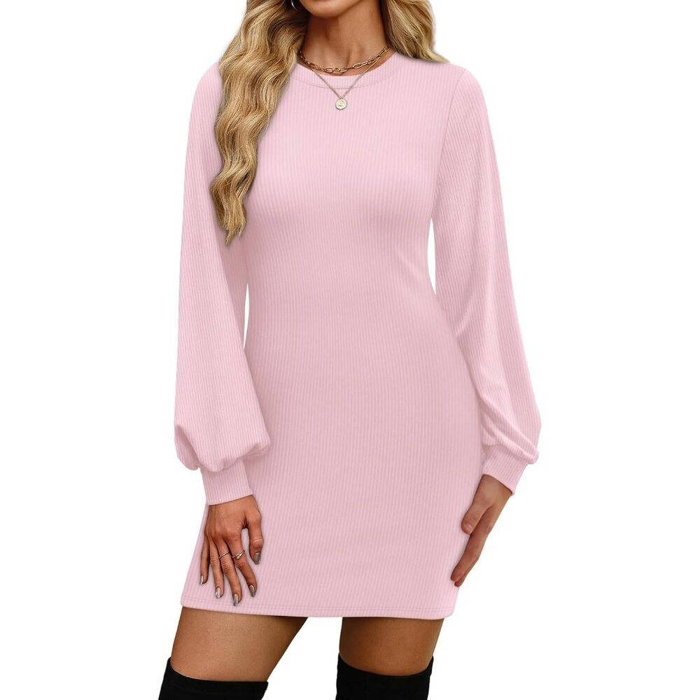 Ofeefan Women Pink Puff Long Sleeve Crewneck Bodycon Ribbed Sweater Dress
